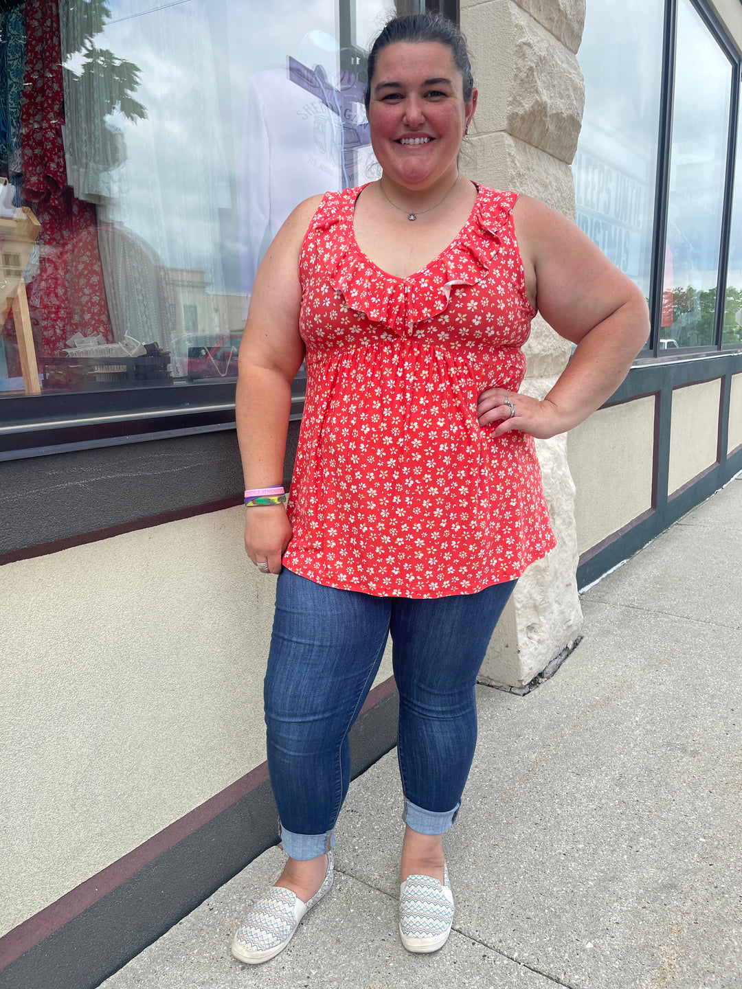 Sleeveless Ruffle Red Floral Top