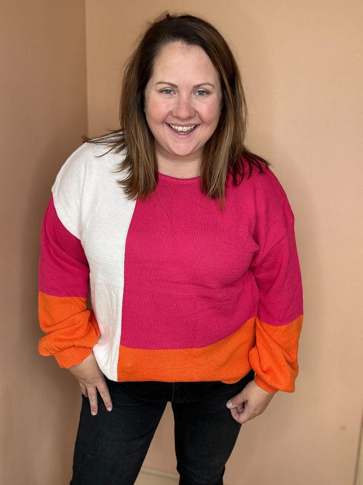 Colorblock Knit Sweater In Pink, Orange & Ivory