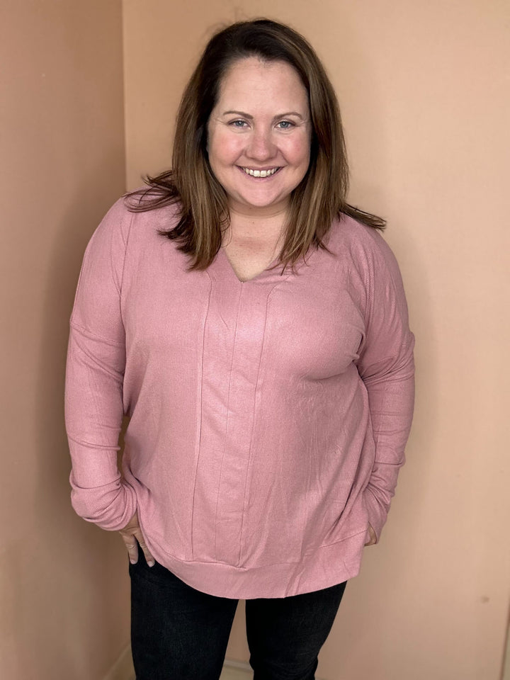 Long Sleeve V Neck Tunic Top In Dusty Rose