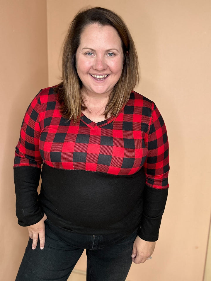 V Neck Buffalo Plaid Top In Red & Black