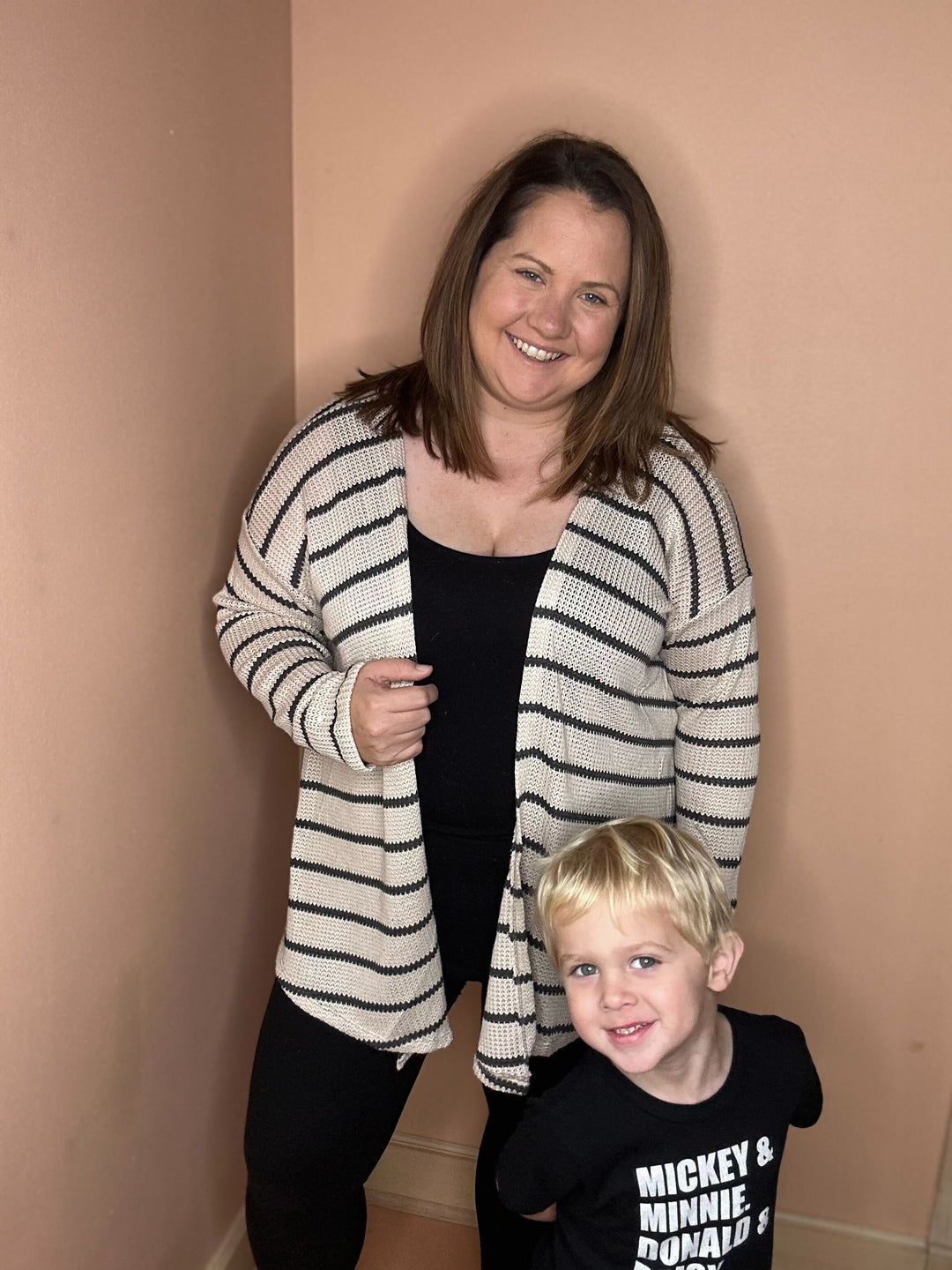 Knit Cardigan With Pockets In Beige & Charcoal Stripe