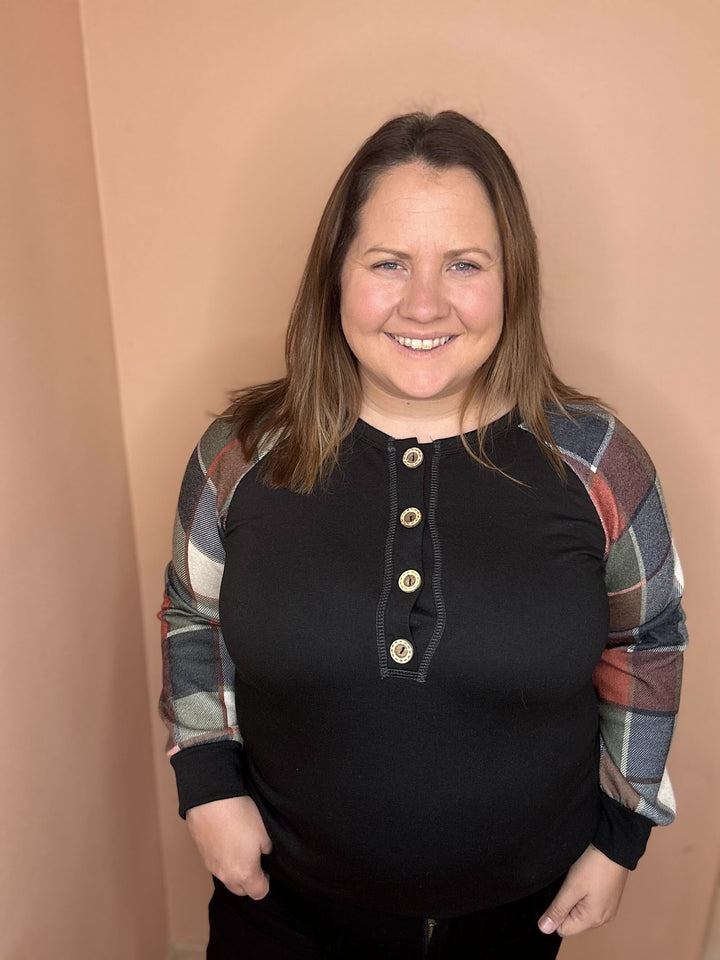 Button Front Henley With Plaid Sleeves In Black