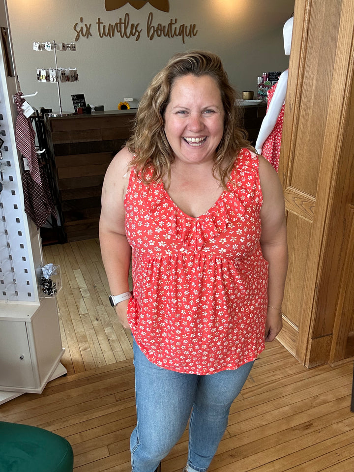 Sleeveless Ruffle Red Floral Top