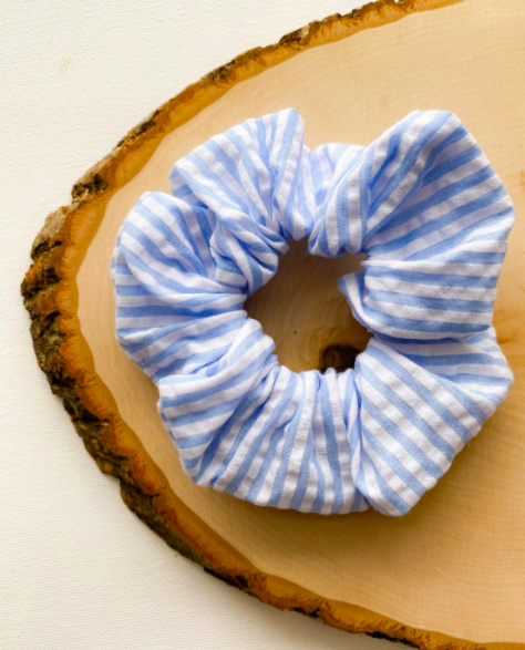 Seersucker Scrunchie, White and Blue Striped Scrunchie