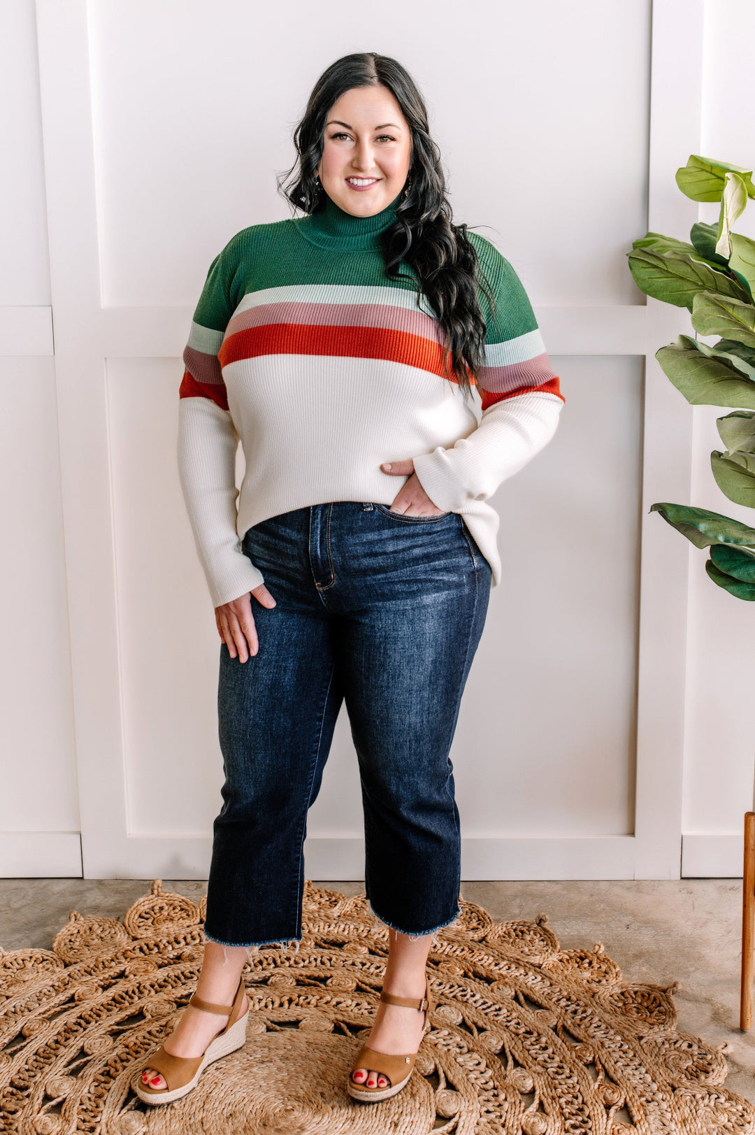 Striped Mock Neck Sweater in Cream, Green, Purple & Rust