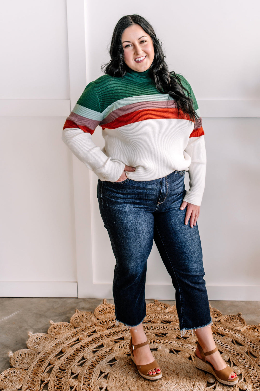 Striped Mock Neck Sweater in Cream, Green, Purple & Rust