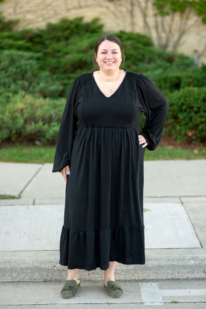Soft & Comfy Black Smocked Midi Dress