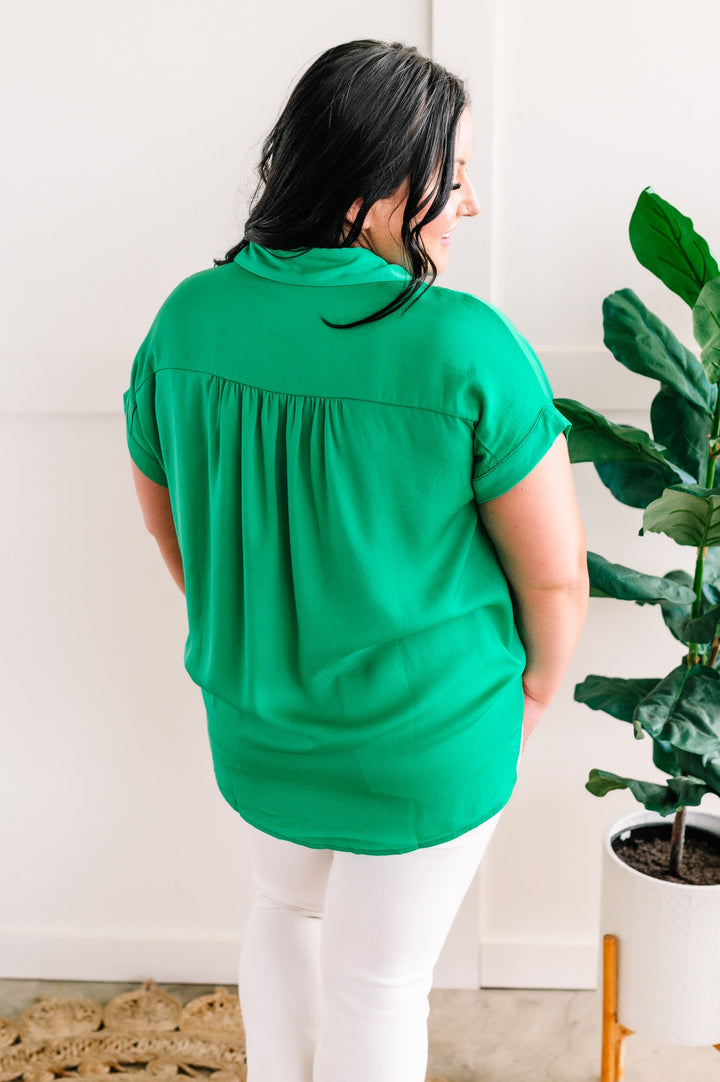 Silky Button Front Blouse In Emerald Green