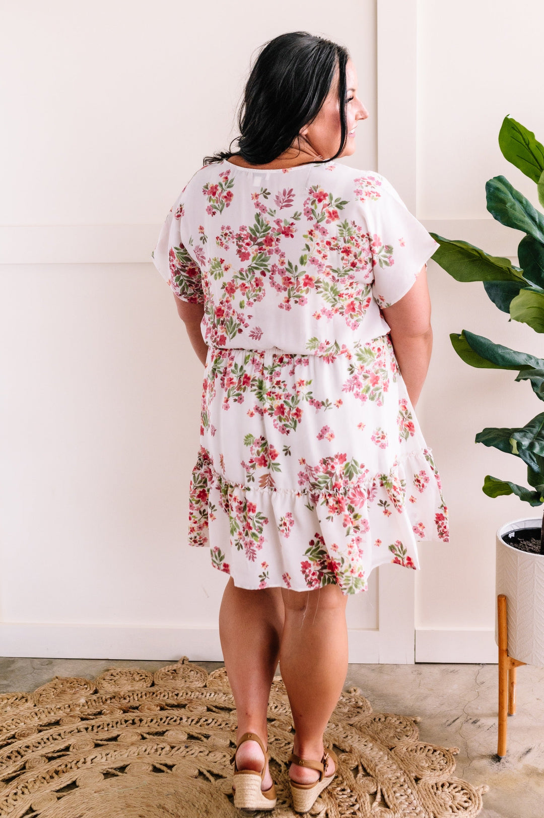 Ivory Floral V Neck Dress In Sage & Cherry