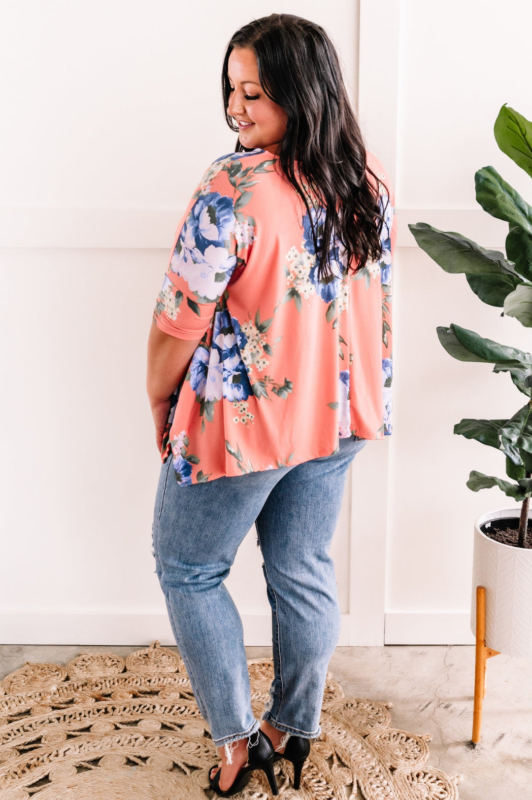 Floral Print Top With Handkerchief Hem In Muted Coral