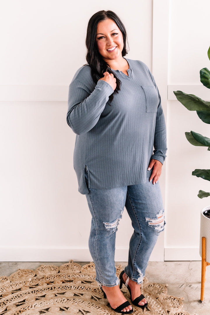 Long Sleeve Pointelle Henley Top In Blue Haze