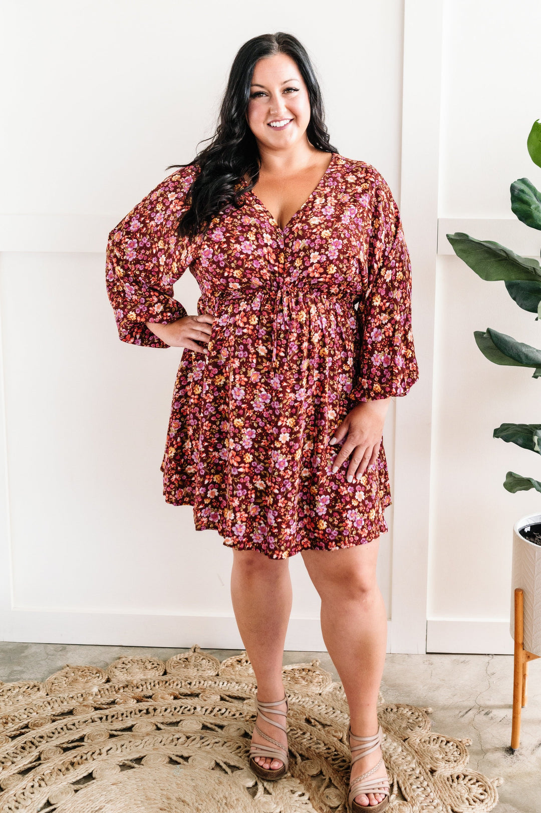 Long Sleeve Tie Front Dress In November Florals