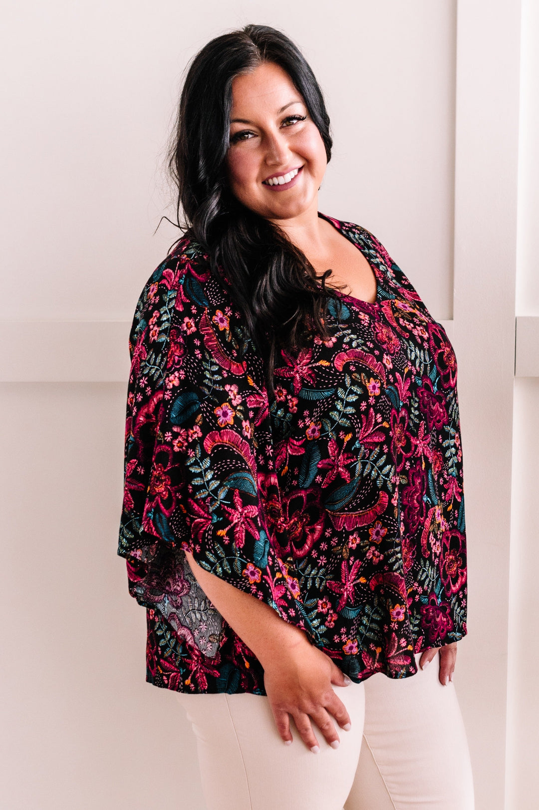 Angled Sleeve Blouse In Black Multicolored Floral Sketch