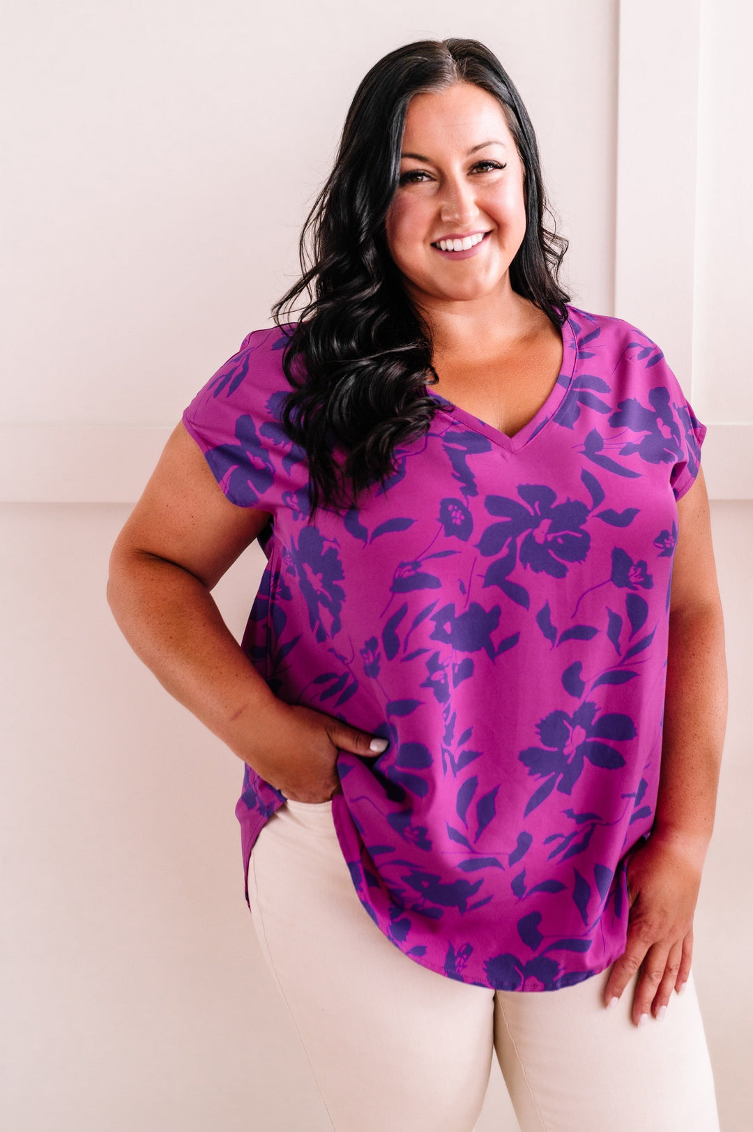 V Neck Blouse In Orchid & Royal Purple