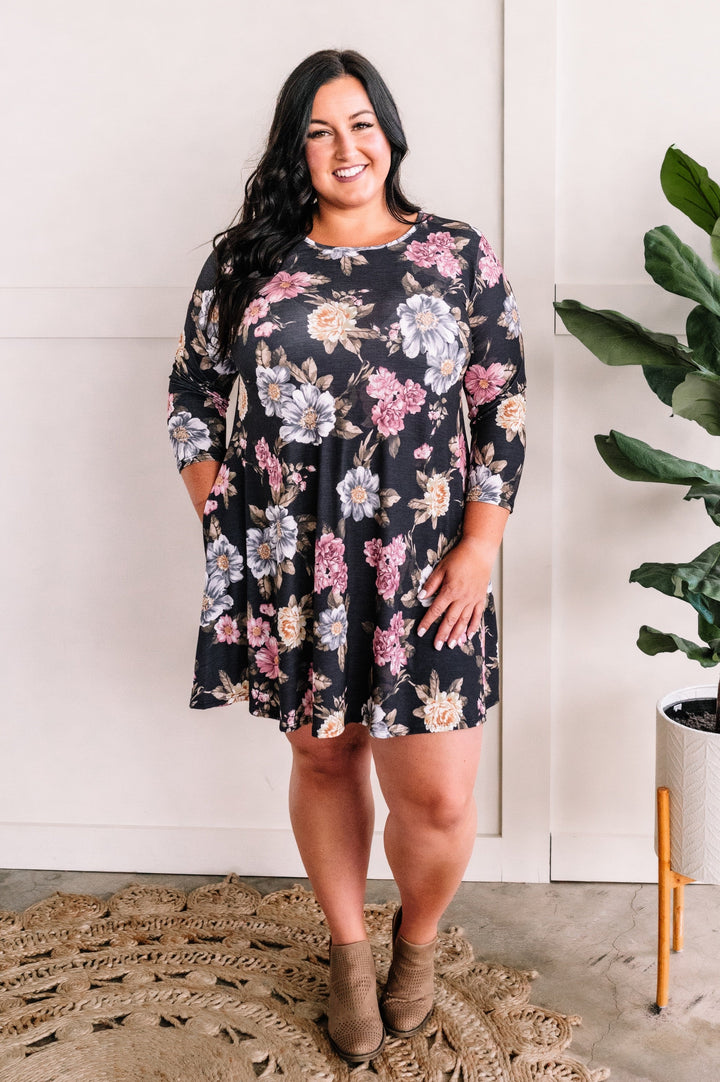Shift Dress With Pockets In Slate Gray With Colorful Peony