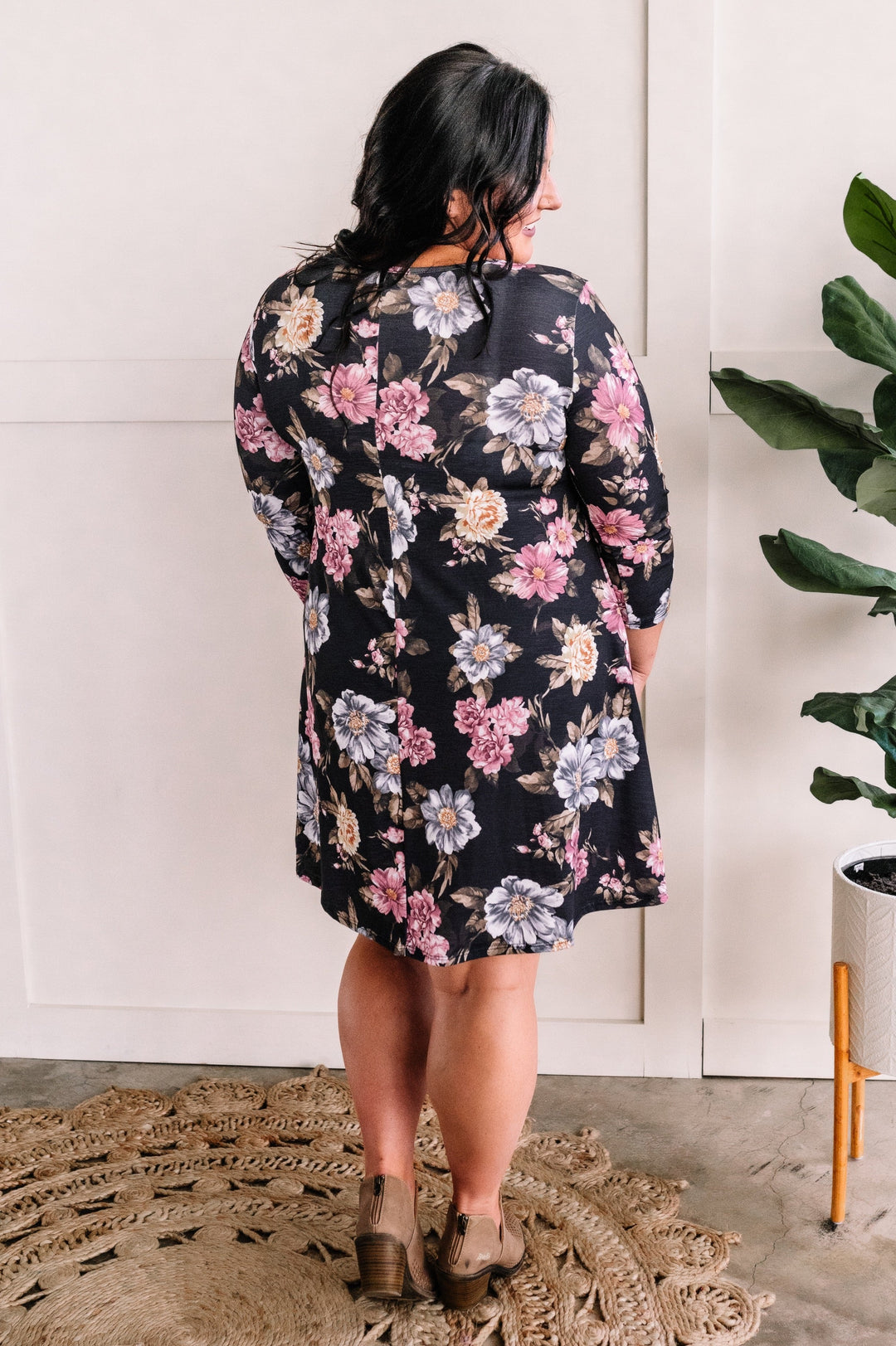 Shift Dress With Pockets In Slate Gray With Colorful Peony