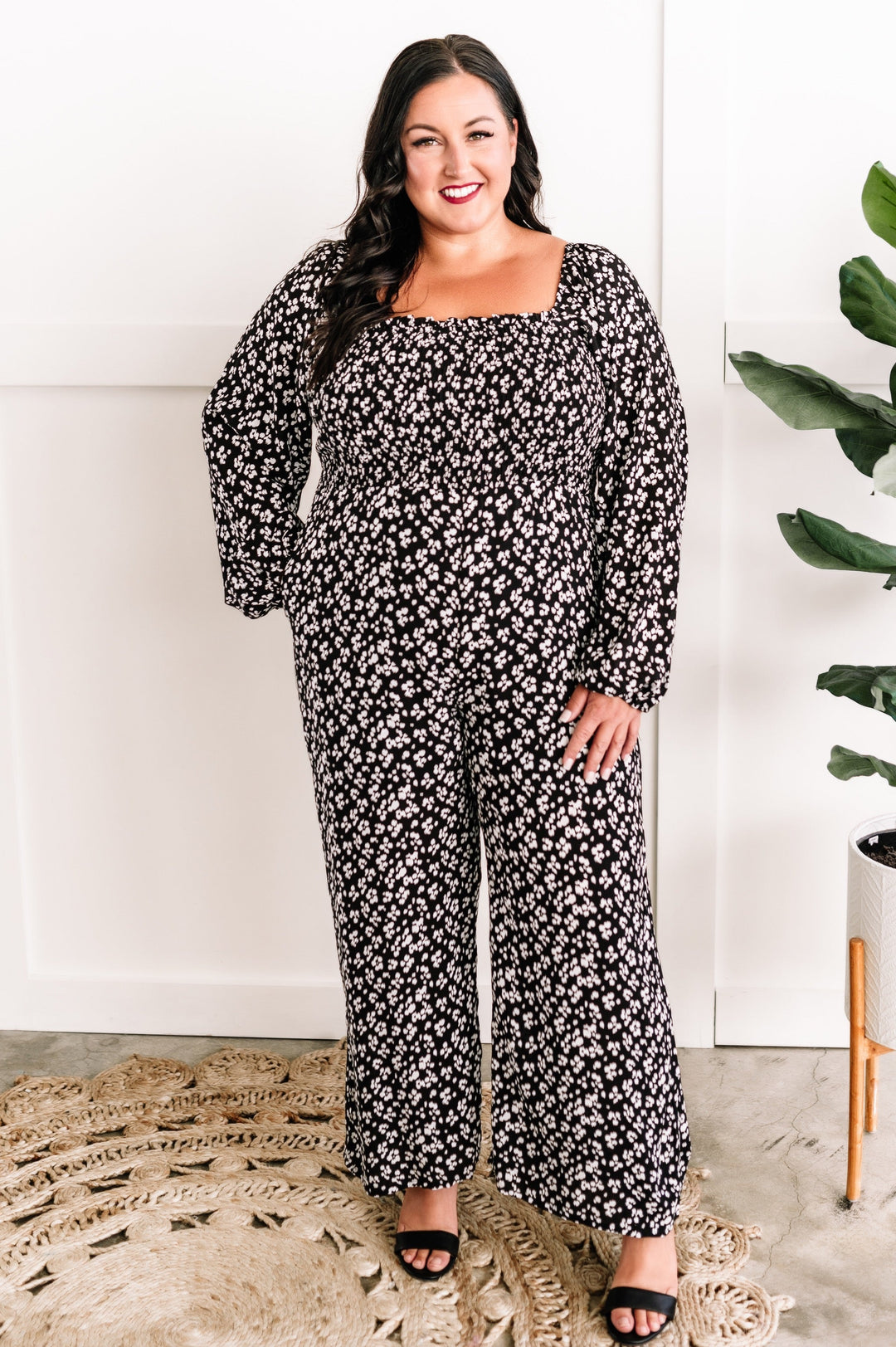 Smocked Jumpsuit In Classic Black & White Leopard