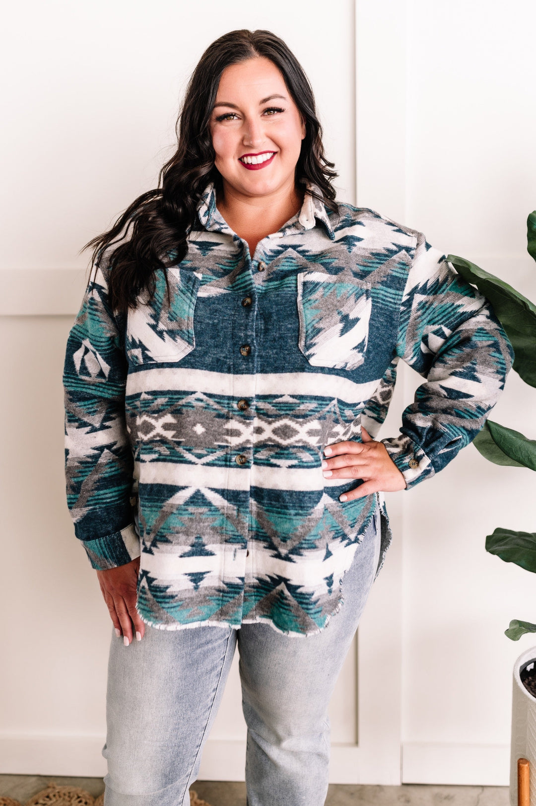 Teal Aztec Print Button Down Shacket