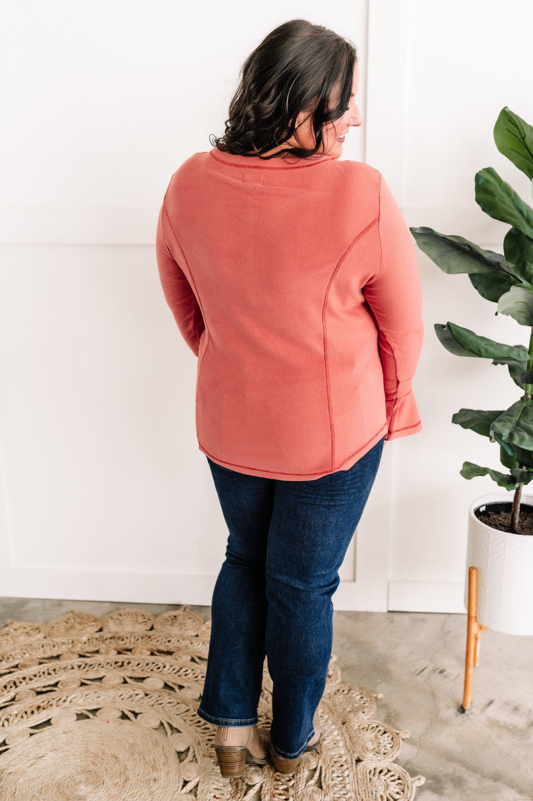Button Front Long Sleeve Henley Top In Rose