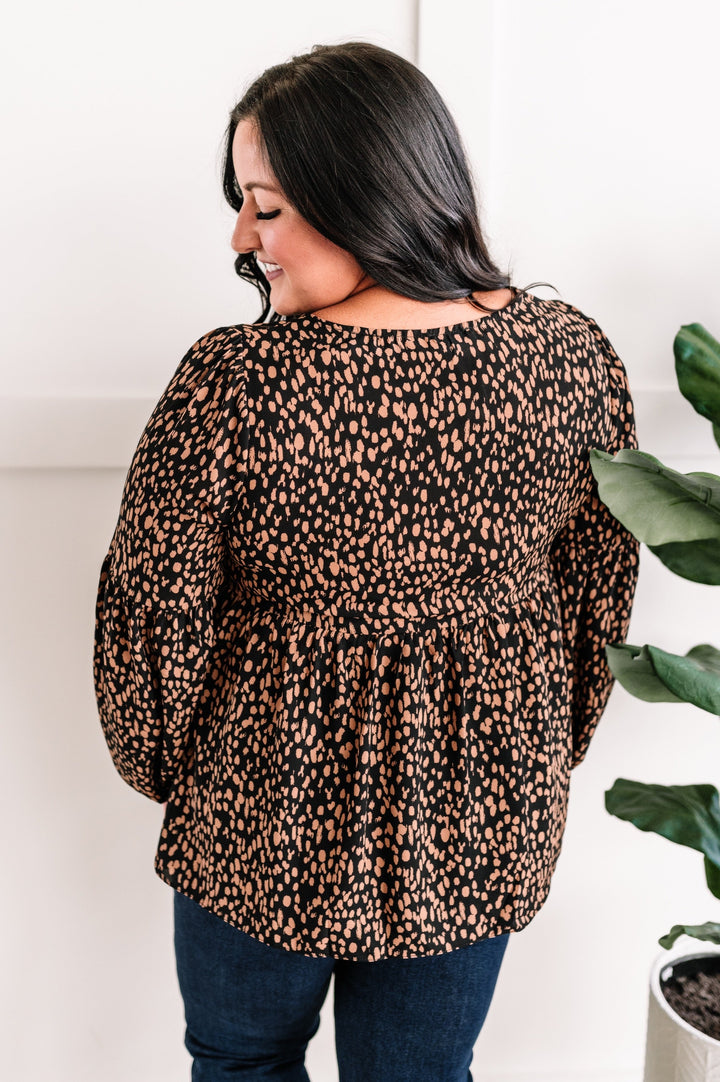 Animal Print Button Blouse In Black & Taupe