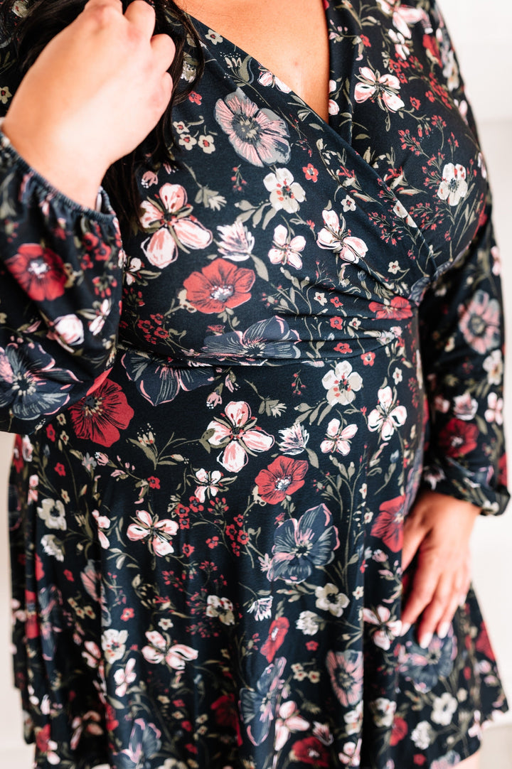 Long Sleeve Surplice Dress With Attached Shorts In Navy Florals