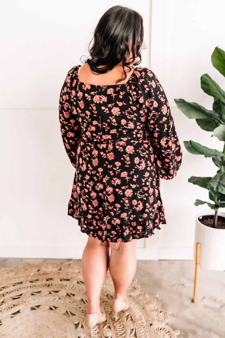 Long Sleeve Black Floral Dress With Tie Belt In Midnight Rose