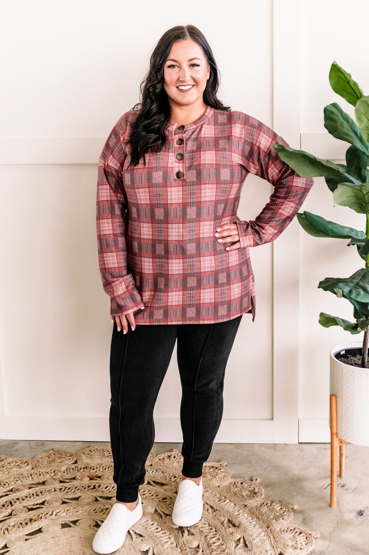 Ultra Soft Button Front Long Sleeve Top In Muted Red Plaid
