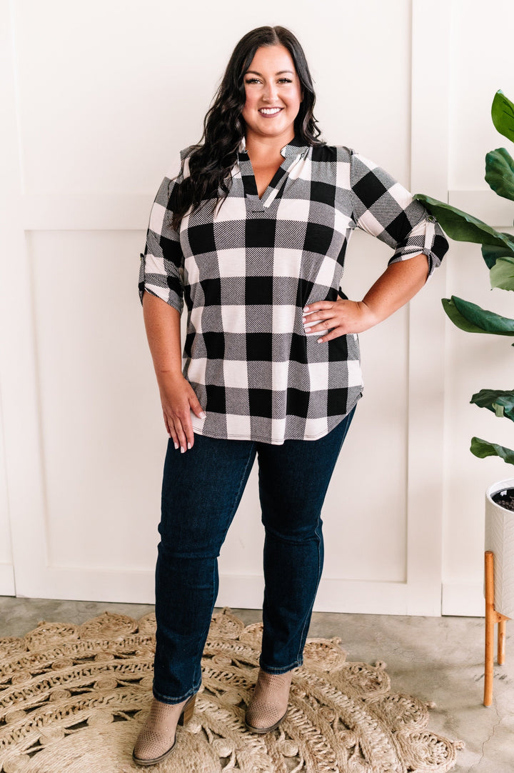 Gabby Front Tunic Top With Button Sleeve Detail In Black & White Plaid