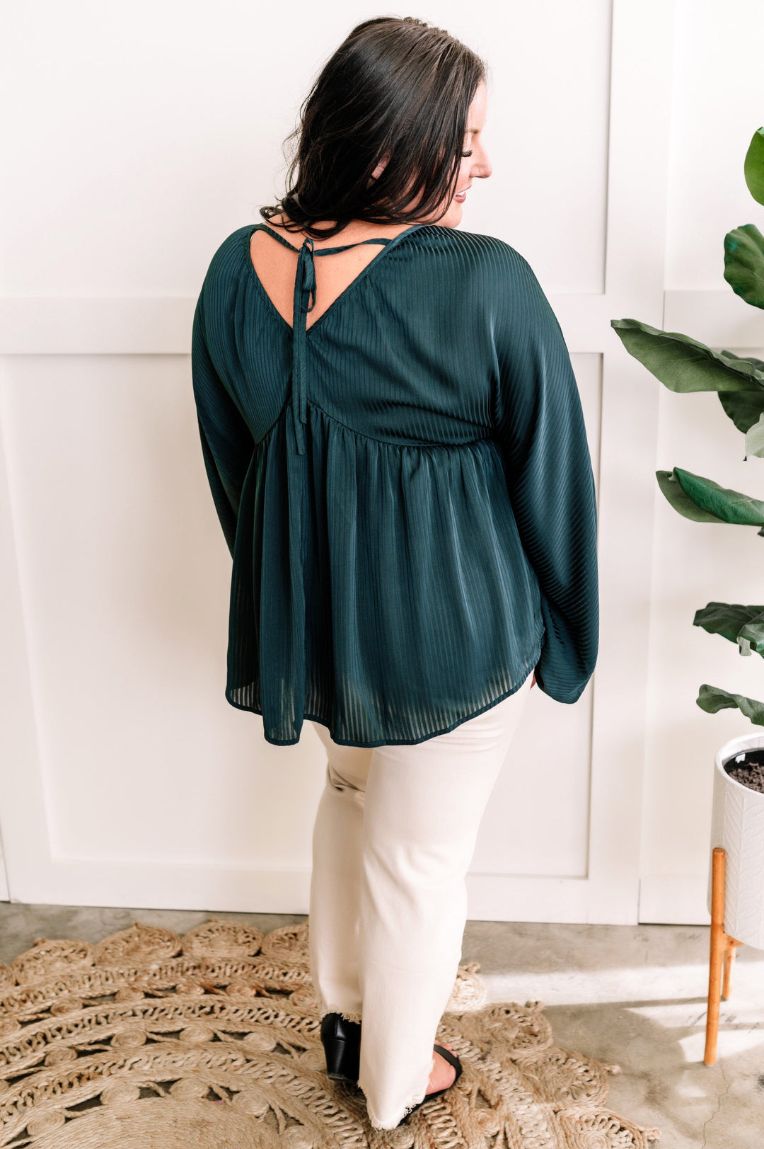 Elegant Shadowed Blouse With Tie Back Detail In Midnight Emerald