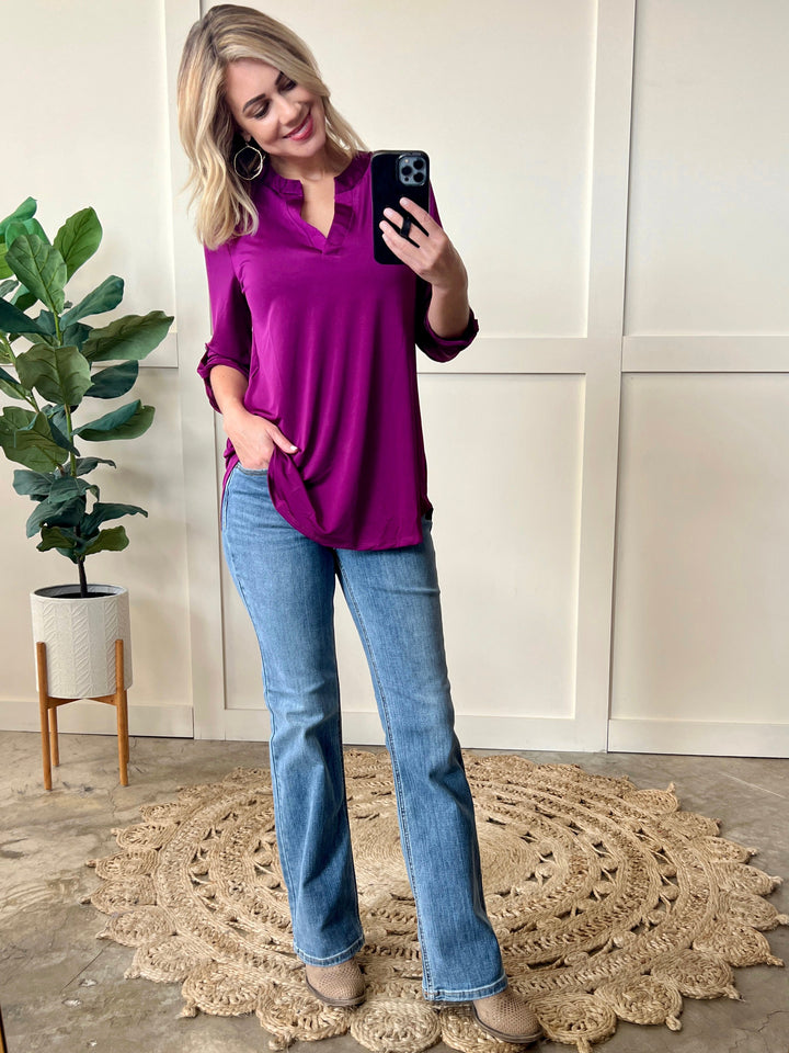 Gabby Front Top With Button Sleeve Detail In Bright Violet