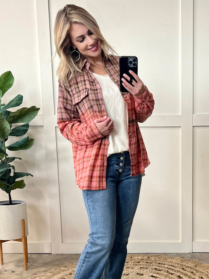 Soft Button Down Top In Ombre Fall Plaid