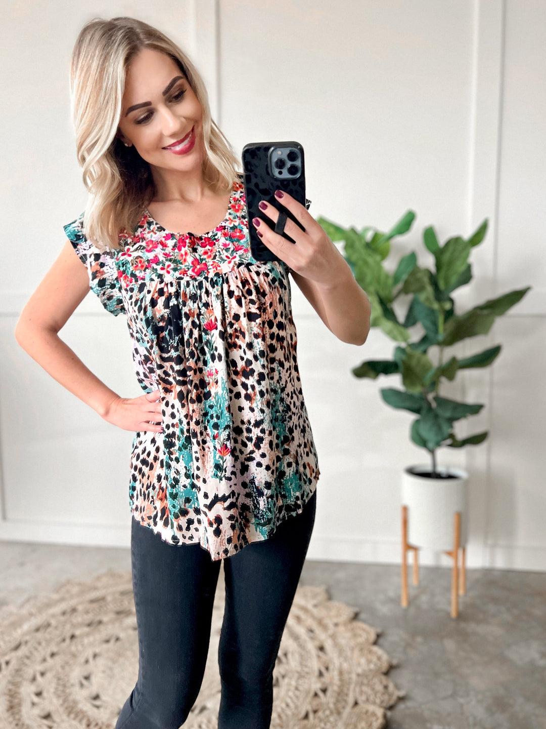 Embroidered Floral and Animal Print Blouse In Teal Multi
