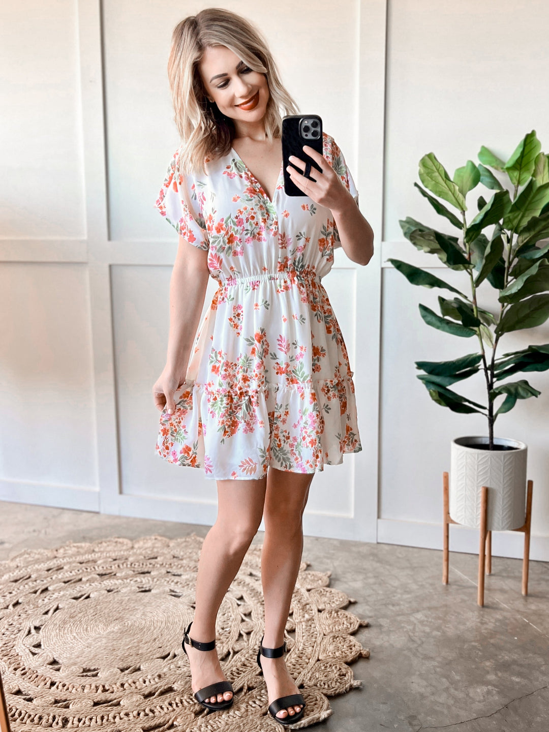 Ivory Floral V Neck Dress In Sage & Cherry