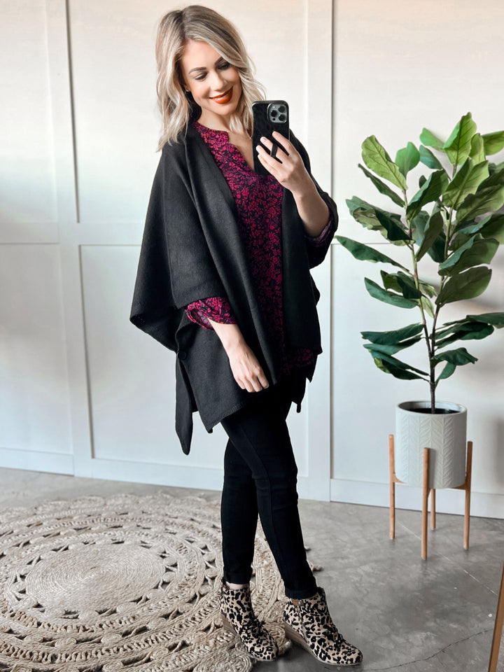 Open Front Cardigan With Side Button Detail In Black