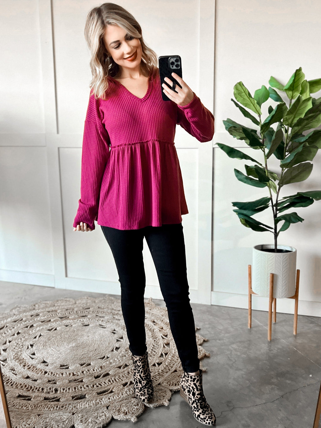 Waffle Knit Hooded Babydoll Top In Magenta