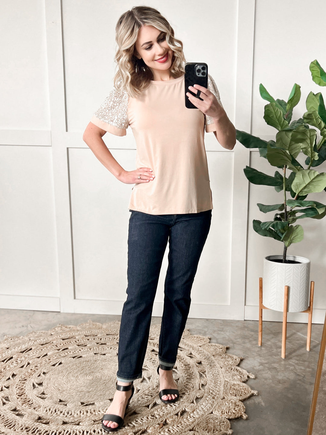 Sequin Sleeve Detailed Top In Nude