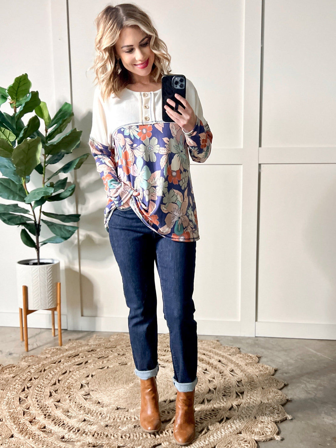 Minky Soft Button Front Top In Fresh Air Floral Print