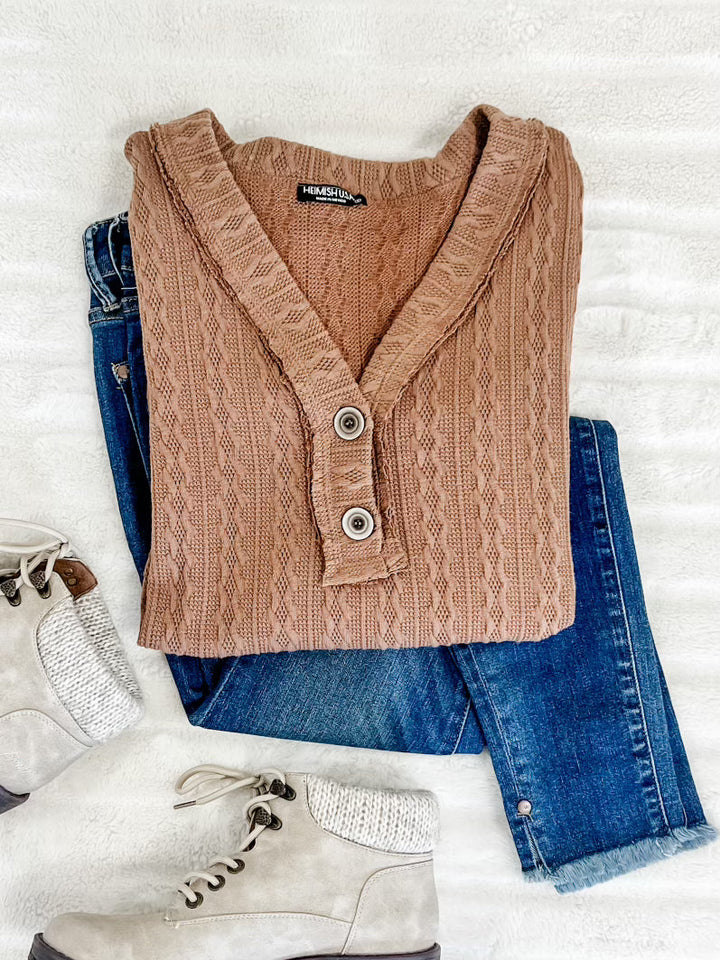 Button Front Knit Top With Elbow Patch Detail In Autumn Leaves