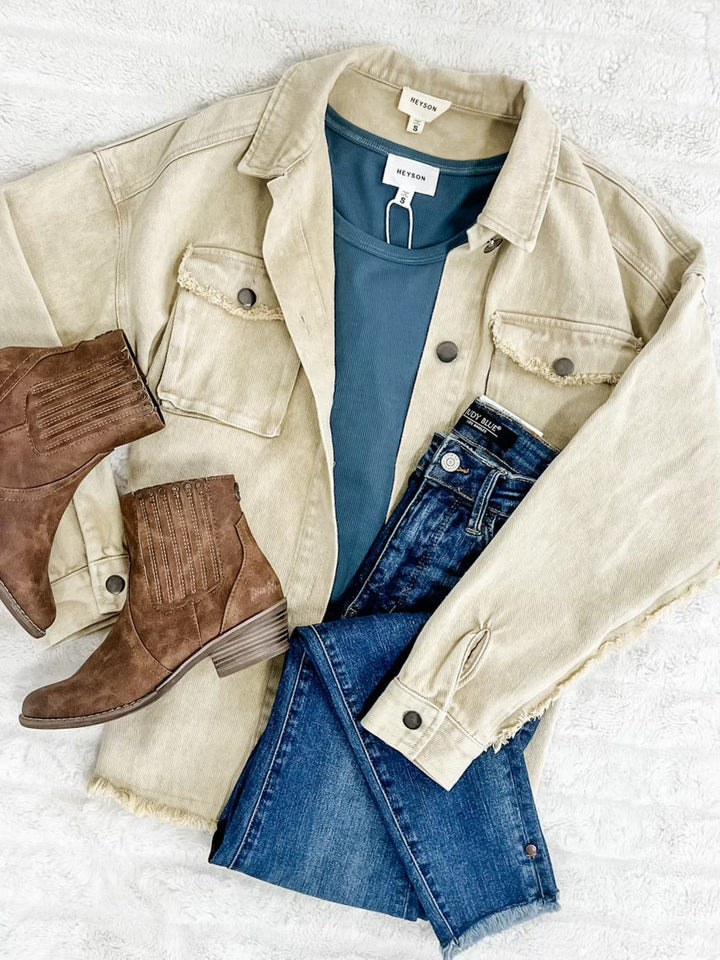 Mineral Wash Button Down Denim Jacket In Fall Pear