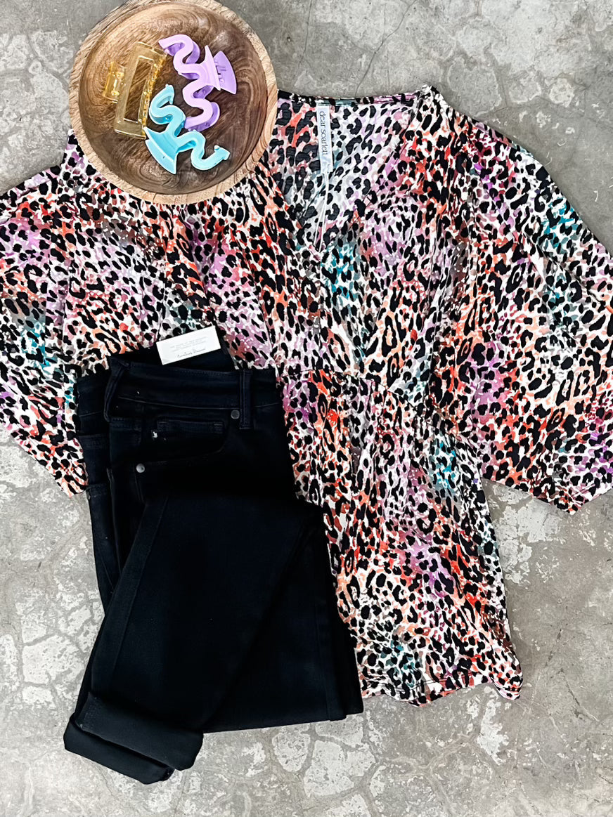 Dolman Sleeve Babydoll Top In Leopard Multi