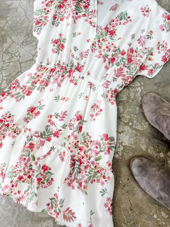 Ivory Floral V Neck Dress In Sage & Cherry
