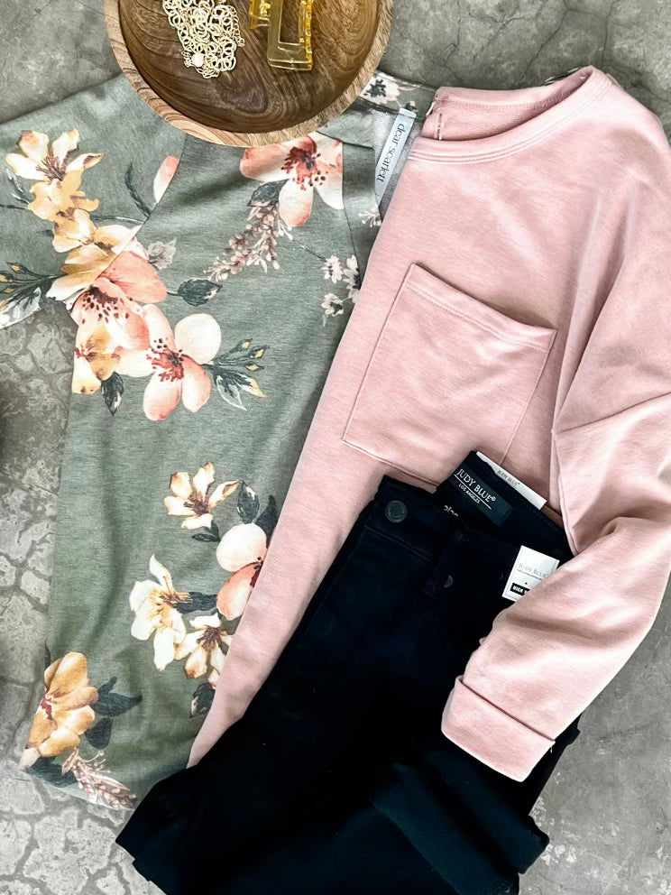 Sweatshirt Pocket Top In Rose With Pinned Sleeve