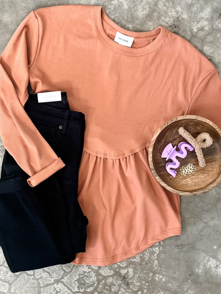 Knit Babydoll Rounded Hem Detail Top In Soft Tuscan