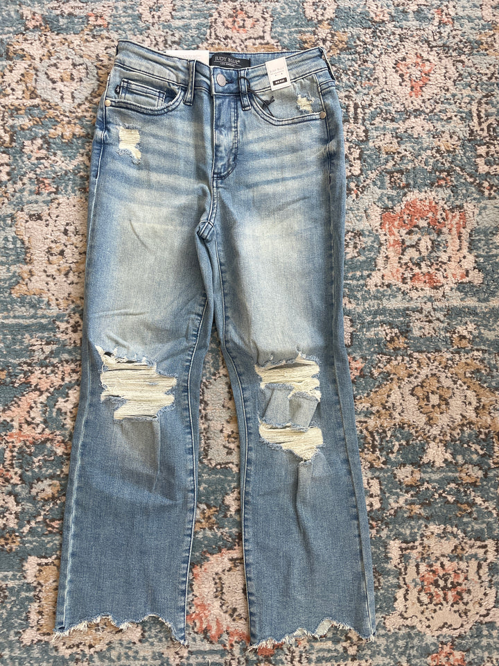 Judy Blue Mid Rise Destroyed Crop Jeans