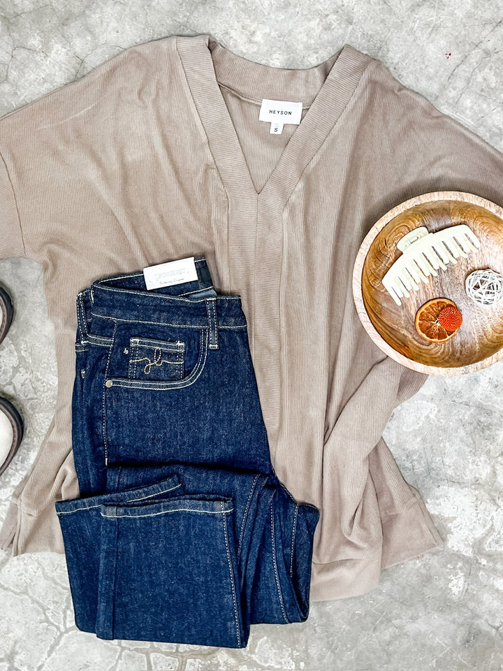 Long Sleeve V Neck Tunic Top In Beige