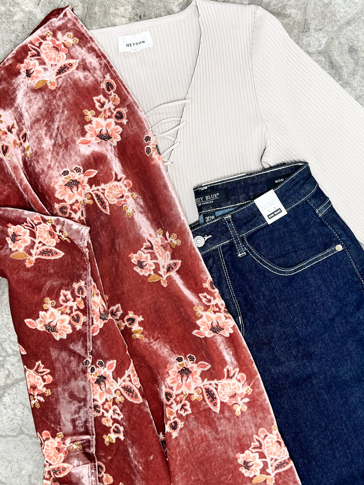 Ultra Soft Velvet Floral Kimono In Dusty Pink