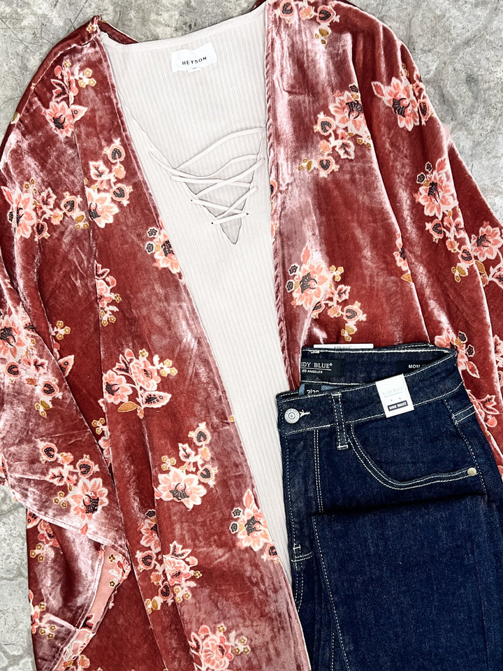 Ultra Soft Velvet Floral Kimono In Dusty Pink
