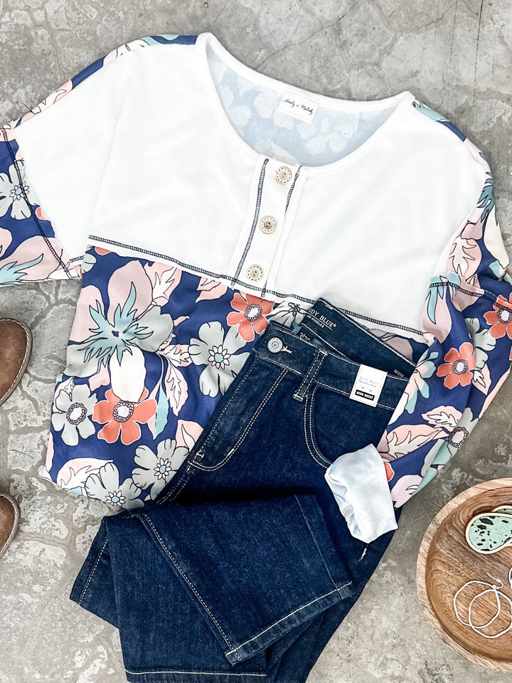 Minky Soft Button Front Top In Fresh Air Floral Print