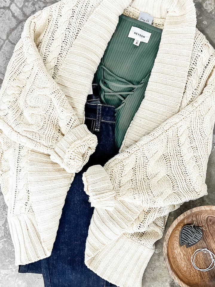 Open Front Cable Knit Cardigan In Natural Cream