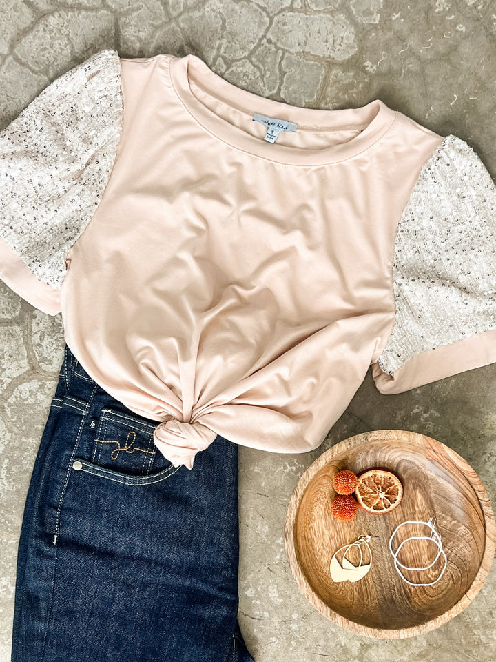 Sequin Sleeve Detailed Top In Nude